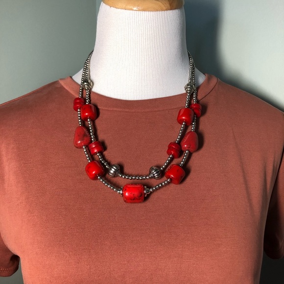 Red Beaded Statement Necklace - Picture 2 of 4